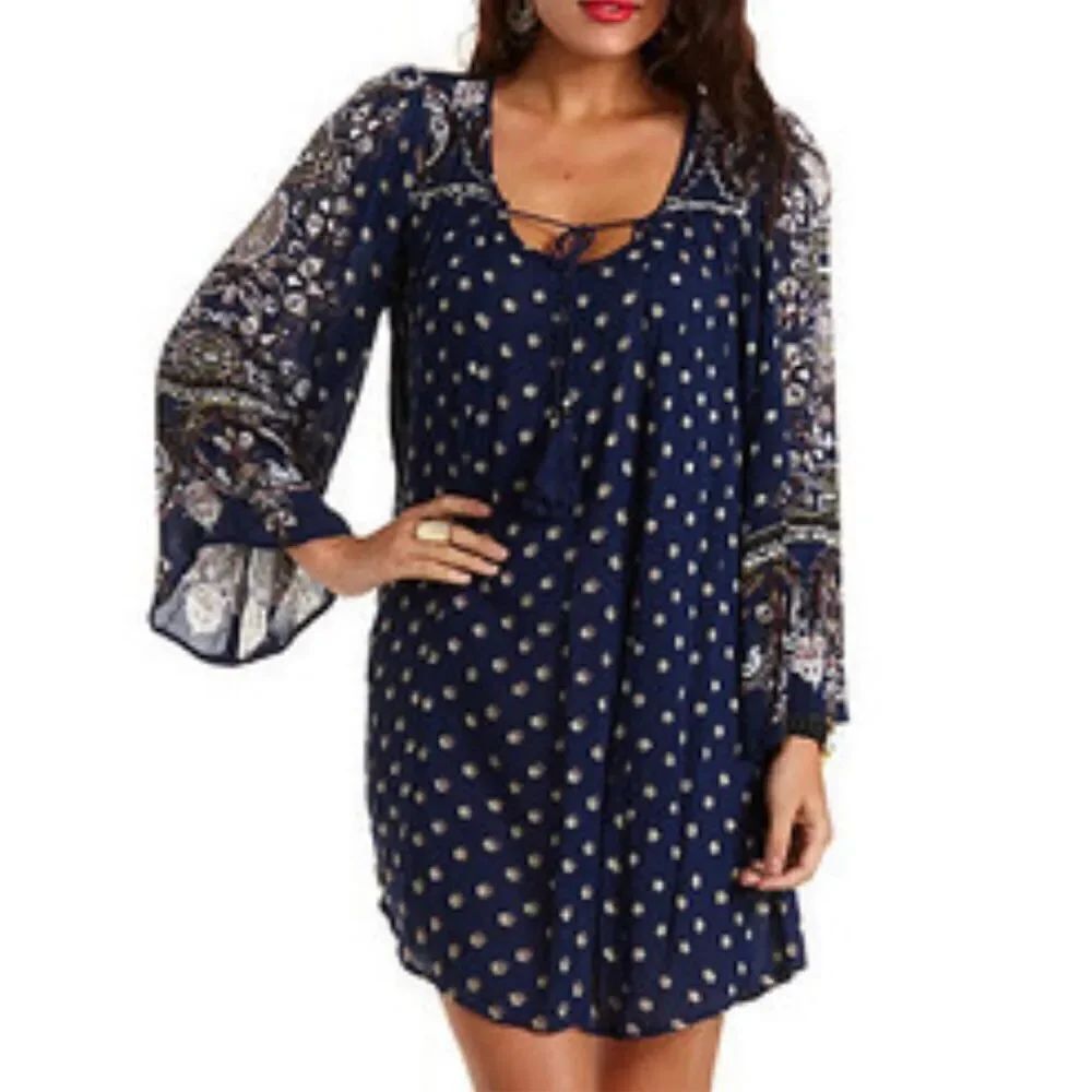 Womens Angie Boho Tassel Paisley Print Tunic Dress - Sz M